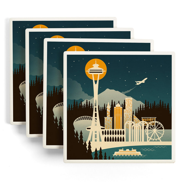 Seattle, Washington, Retro Skyline (no text), Coasters Coasters Lantern Press 