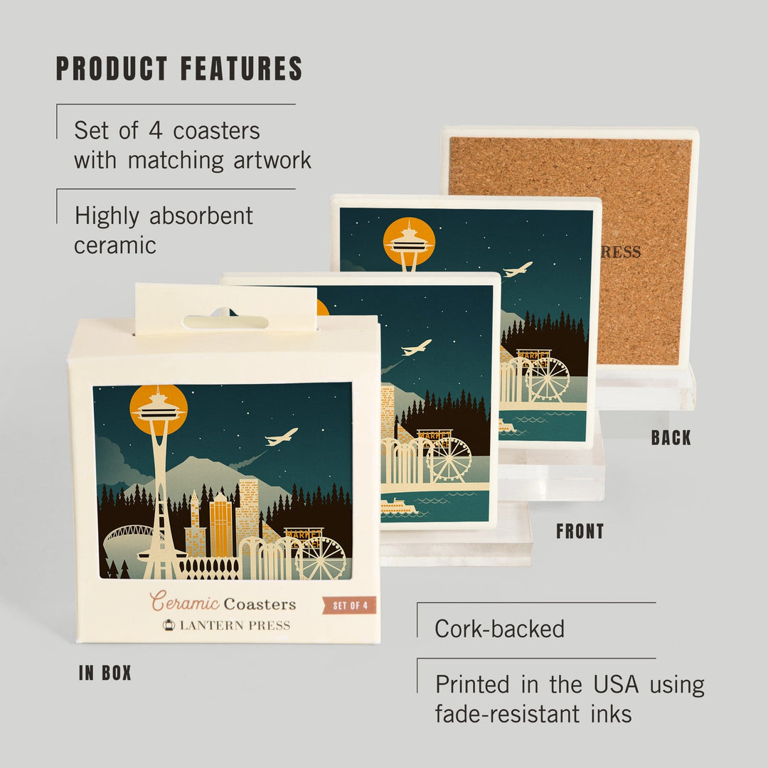 Seattle, Washington, Retro Skyline (no text), Coasters Coasters Lantern Press 
