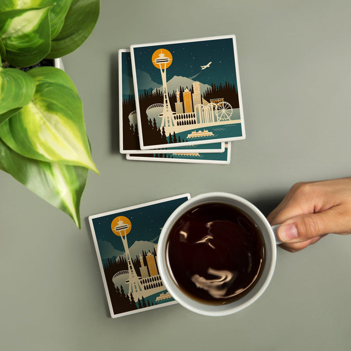 Seattle, Washington, Retro Skyline (no text), Coasters Coasters Lantern Press 