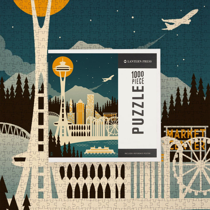 Seattle, Washington, Retro Skyline (no text), Jigsaw Puzzle Puzzle Lantern Press 