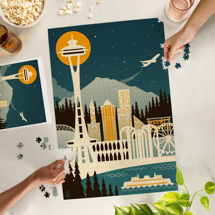 Seattle, Washington, Retro Skyline (no text), Jigsaw Puzzle Puzzle Lantern Press 