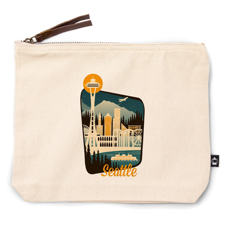 Seattle, Washington, Retro Skyline,, Organic Cotton Zipper Pouch, Go Bag Go Bag Lantern Press 