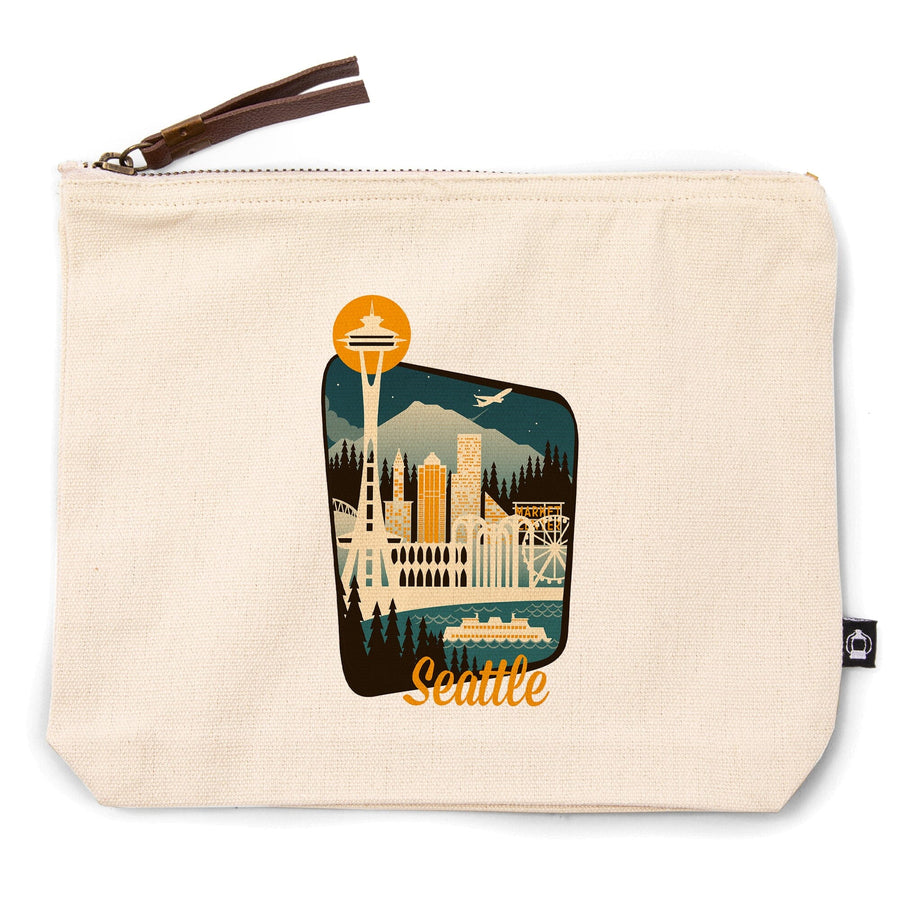 Seattle, Washington, Retro Skyline,, Organic Cotton Zipper Pouch, Go Bag Go Bag Lantern Press 