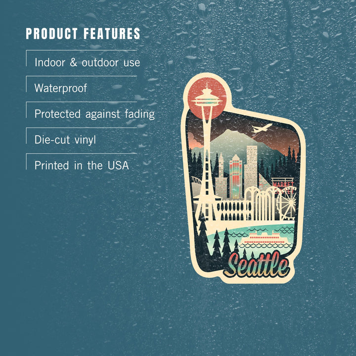 Seattle, Washington, Seattle Retro Skyline, Aqua & Salmon, Contour, Lantern Press Artwork_ST, Vinyl Sticker Sticker Lantern Press 