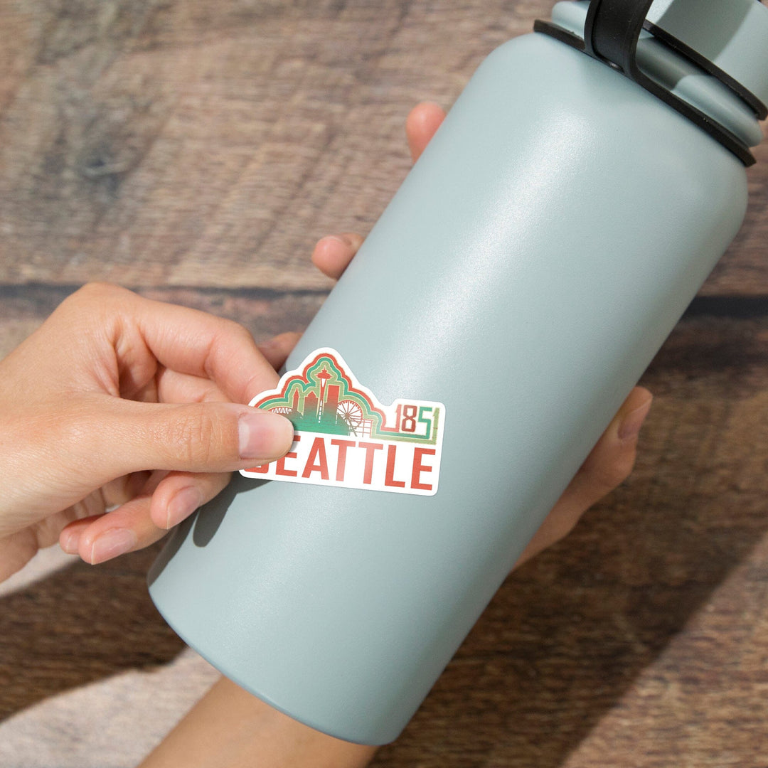 Seattle, Washington, Skyline 1851, Coral Contour, Vinyl Sticker Sticker Lantern Press 