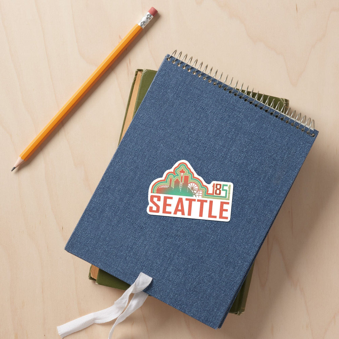 Seattle, Washington, Skyline 1851, Coral Contour, Vinyl Sticker Sticker Lantern Press 