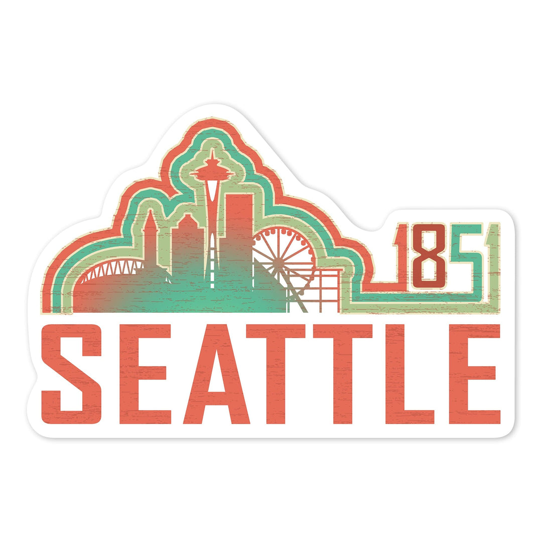 Seattle, Washington, Skyline 1851, Coral Contour, Vinyl Sticker Sticker Lantern Press 