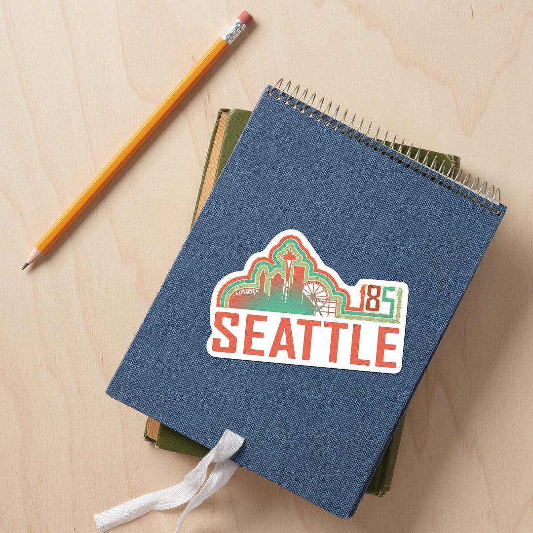 Seattle, Washington, Skyline 1851, Coral Contour, Vinyl Sticker Sticker Lantern Press 