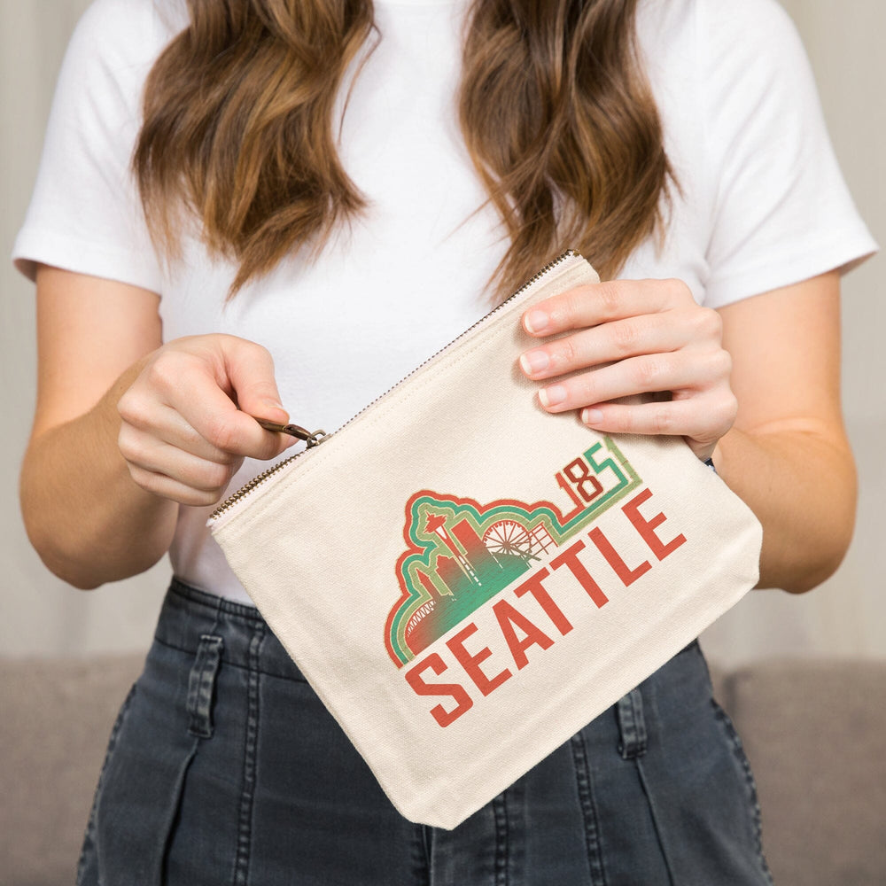 Seattle, Washington, Skyline 1851, Coral, Organic Cotton Zipper Pouch, Go Bag Go Bag Lantern Press 