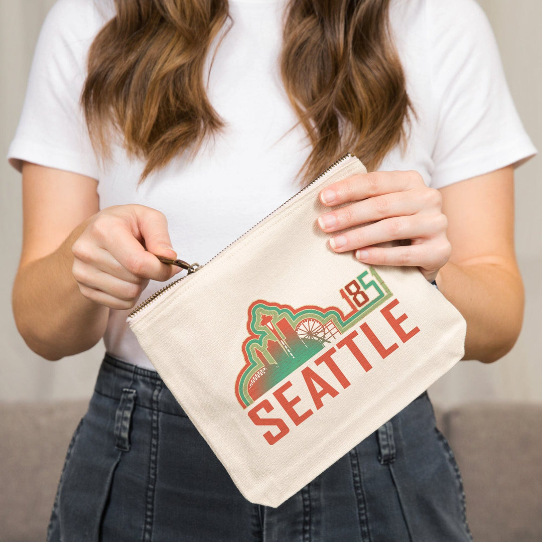 Seattle, Washington, Skyline 1851, Coral, Organic Cotton Zipper Pouch, Go Bag Go Bag Lantern Press 