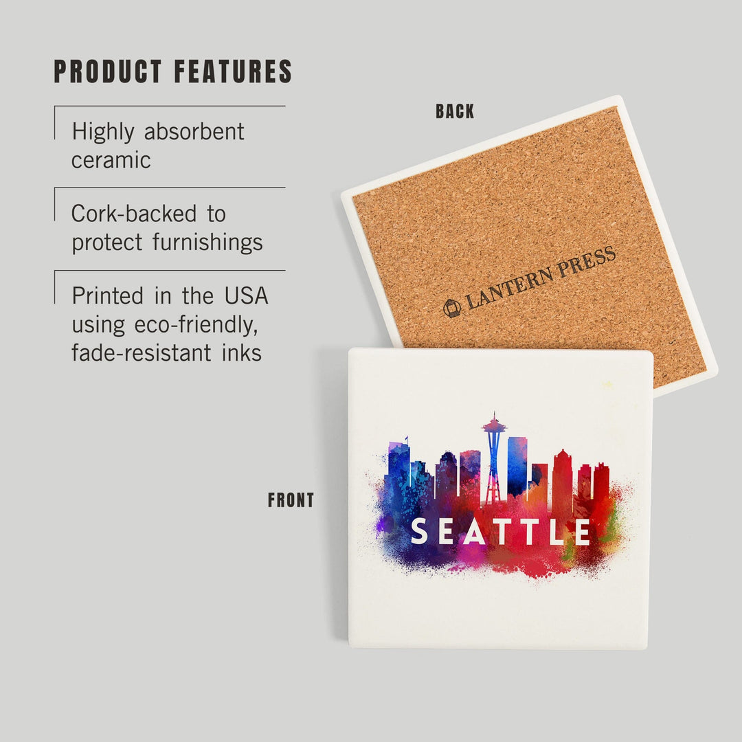 Seattle, Washington, Skyline Abstract (White), Indigos and Reds, Coasters Coasters Lantern Press 