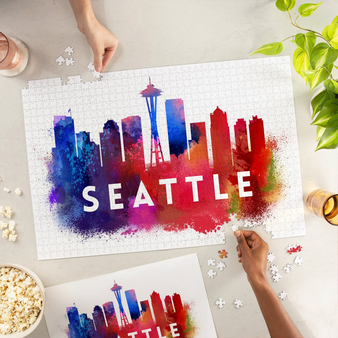 Seattle, Washington, Skyline Abstract (White), Indigos and Reds, Jigsaw Puzzle Puzzle Lantern Press 