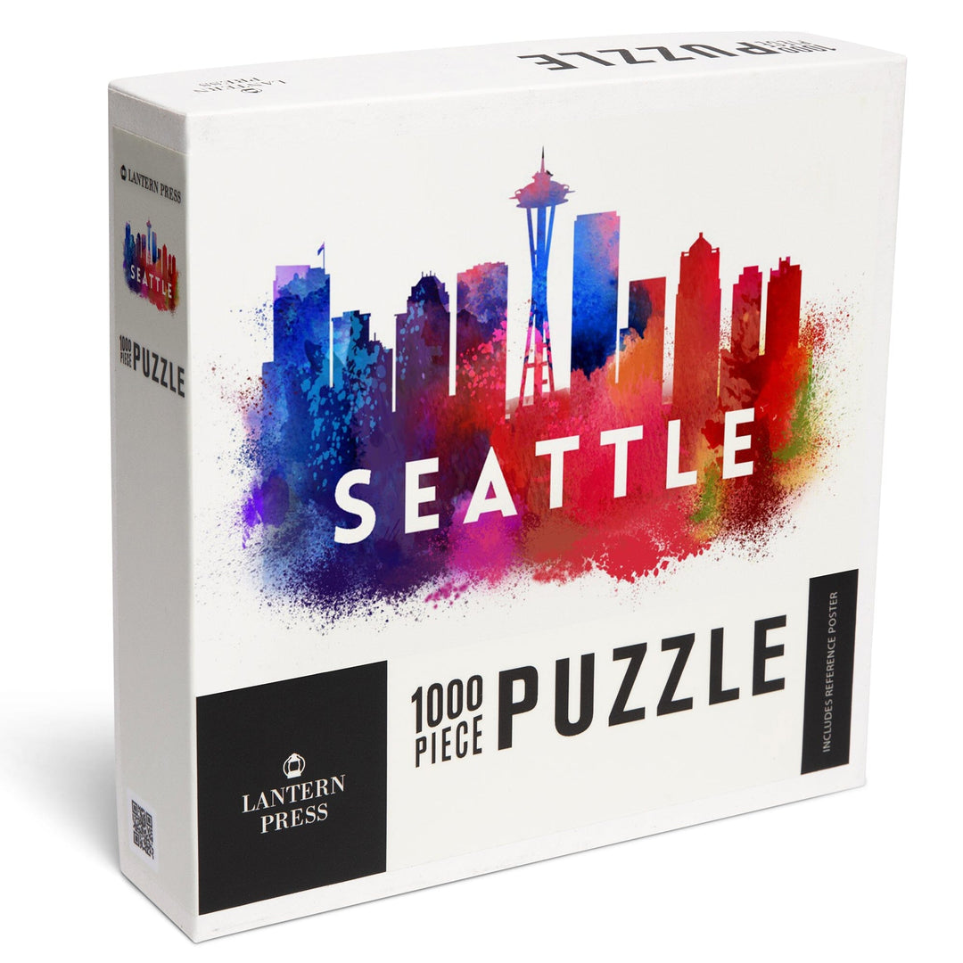 Seattle, Washington, Skyline Abstract (White), Indigos and Reds, Jigsaw Puzzle Puzzle Lantern Press 