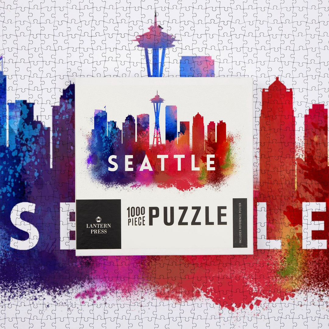 Seattle, Washington, Skyline Abstract (White), Indigos and Reds, Jigsaw Puzzle Puzzle Lantern Press 