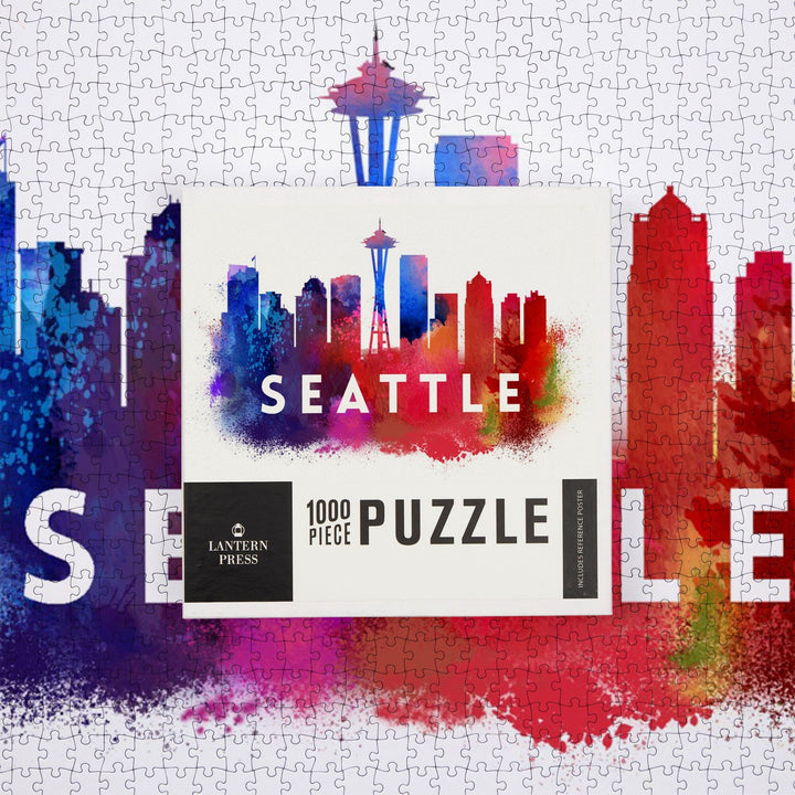 Seattle, Washington, Skyline Abstract (White), Indigos and Reds, Jigsaw Puzzle Puzzle Lantern Press 