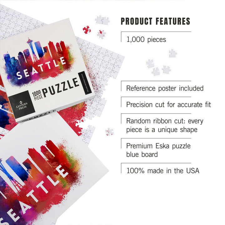 Seattle, Washington, Skyline Abstract (White), Indigos and Reds, Jigsaw Puzzle Puzzle Lantern Press 