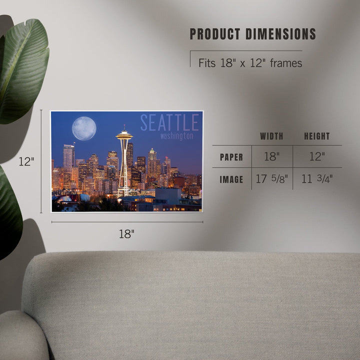 Seattle, Washington, Skyline and Full Moon, Art & Giclee Prints Art Lantern Press 