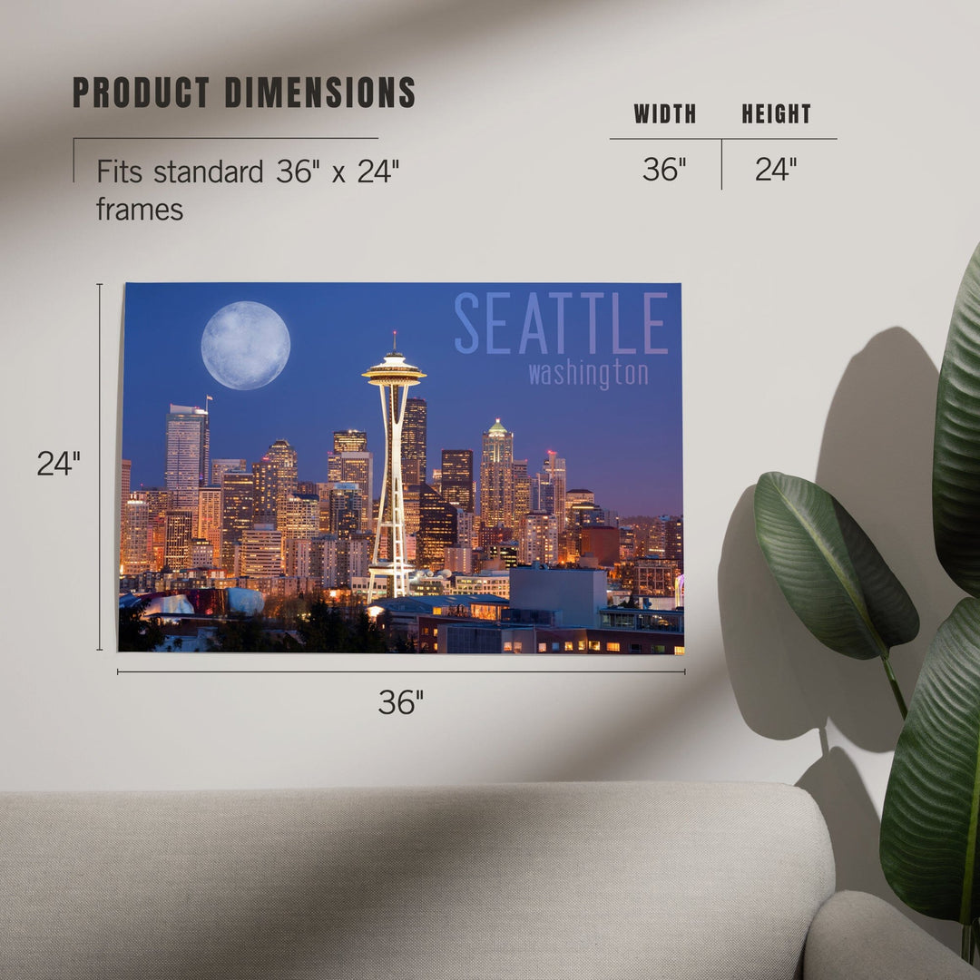 Seattle, Washington, Skyline and Full Moon, Art & Giclee Prints Art Lantern Press 