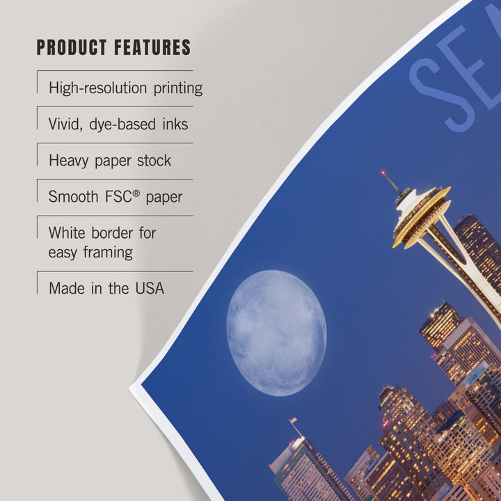 Seattle, Washington, Skyline and Full Moon, Art & Giclee Prints Art Lantern Press 