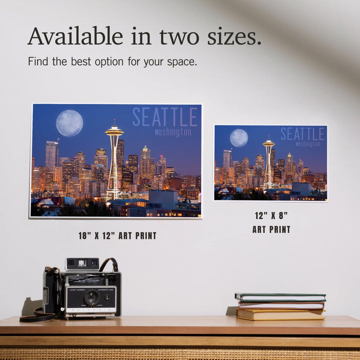 Seattle, Washington, Skyline and Full Moon, Art & Giclee Prints Art Lantern Press 