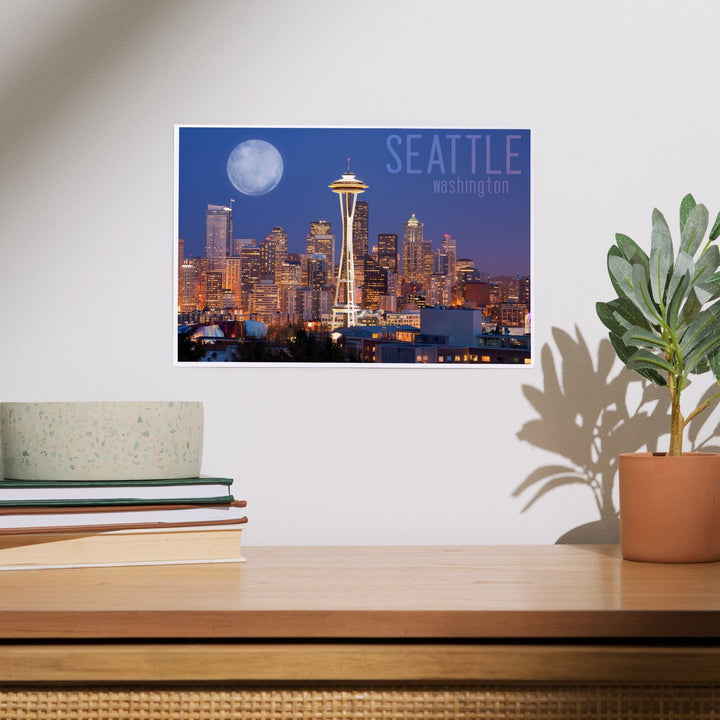 Seattle, Washington, Skyline and Full Moon, Art & Giclee Prints Art Lantern Press 