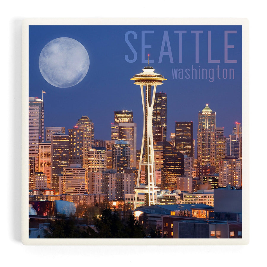 Seattle, Washington, Skyline and Full Moon, Coasters Coasters Lantern Press 