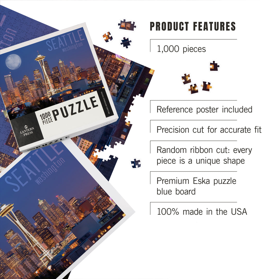 Seattle, Washington, Skyline and Full Moon, Jigsaw Puzzle Puzzle Lantern Press 