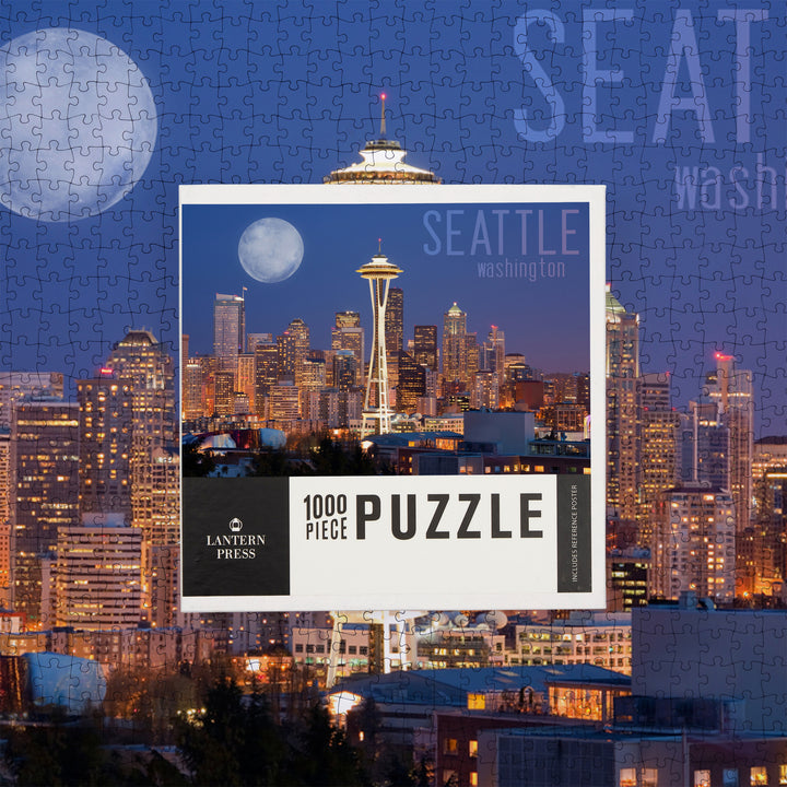 Seattle, Washington, Skyline and Full Moon, Jigsaw Puzzle Puzzle Lantern Press 