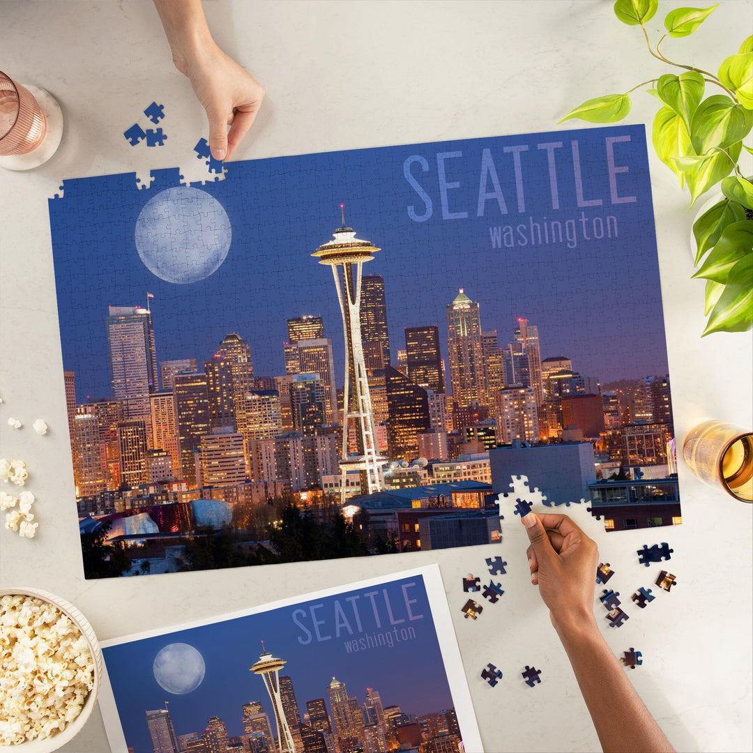 Seattle, Washington, Skyline and Full Moon, Jigsaw Puzzle Puzzle Lantern Press 