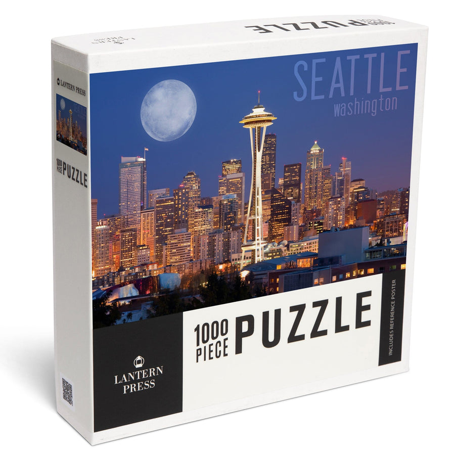 Seattle, Washington, Skyline and Full Moon, Jigsaw Puzzle Puzzle Lantern Press 