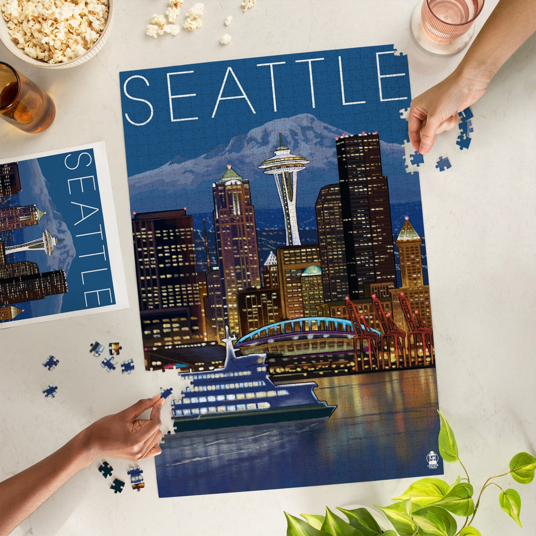 Seattle, Washington, Skyline at Night, Jigsaw Puzzle Puzzle Lantern Press 