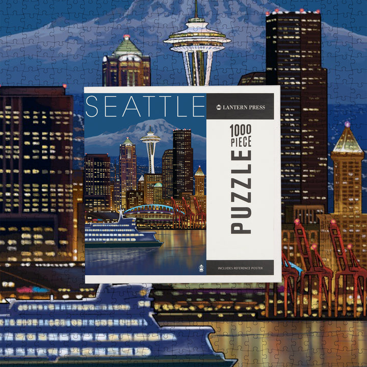 Seattle, Washington, Skyline at Night, Jigsaw Puzzle Puzzle Lantern Press 