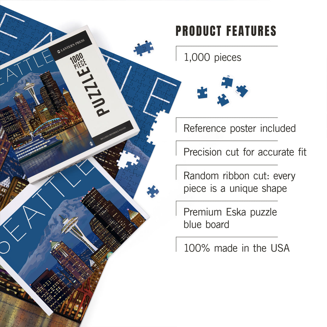 Seattle, Washington, Skyline at Night, Jigsaw Puzzle Puzzle Lantern Press 