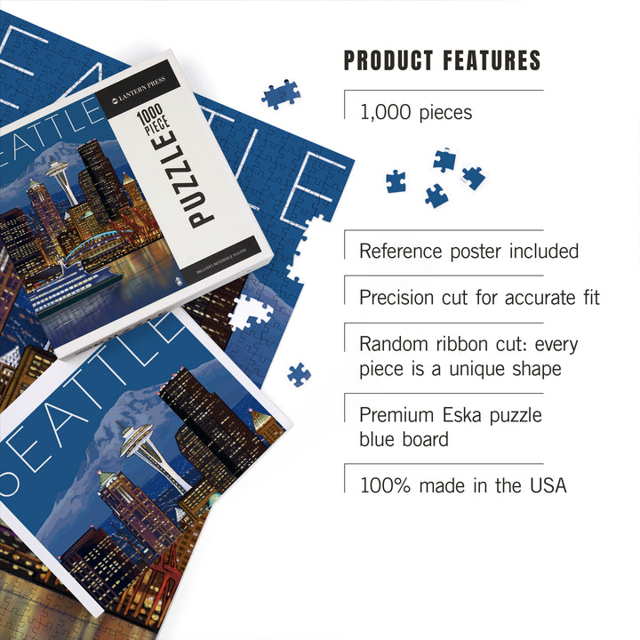 Seattle, Washington, Skyline at Night, Jigsaw Puzzle Puzzle Lantern Press 