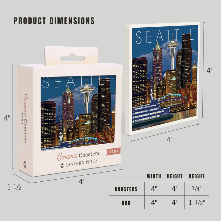 Seattle, Washington, Skyline at Night, Lantern Press Artwork, Coaster Set Coasters Lantern Press 