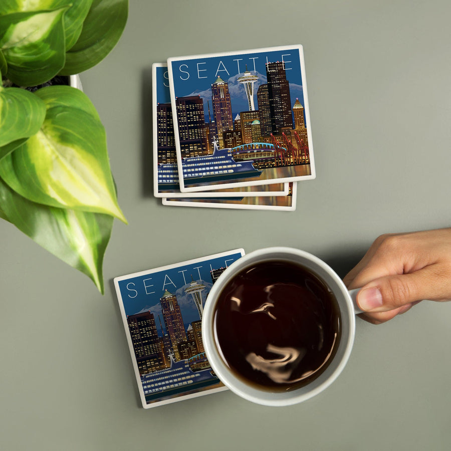 Seattle, Washington, Skyline at Night, Lantern Press Artwork, Coaster Set Coasters Lantern Press 