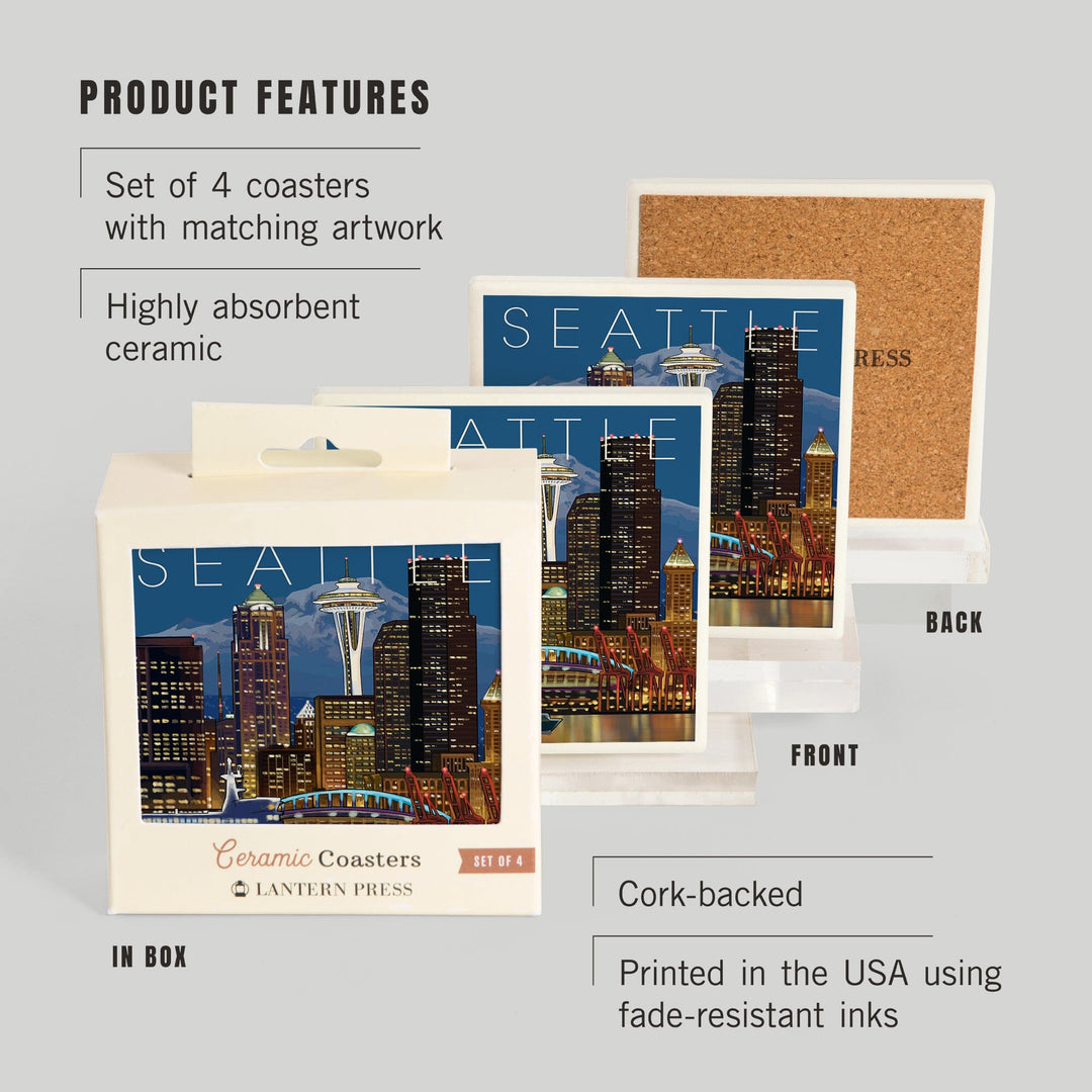 Seattle, Washington, Skyline at Night, Lantern Press Artwork, Coaster Set Coasters Lantern Press 