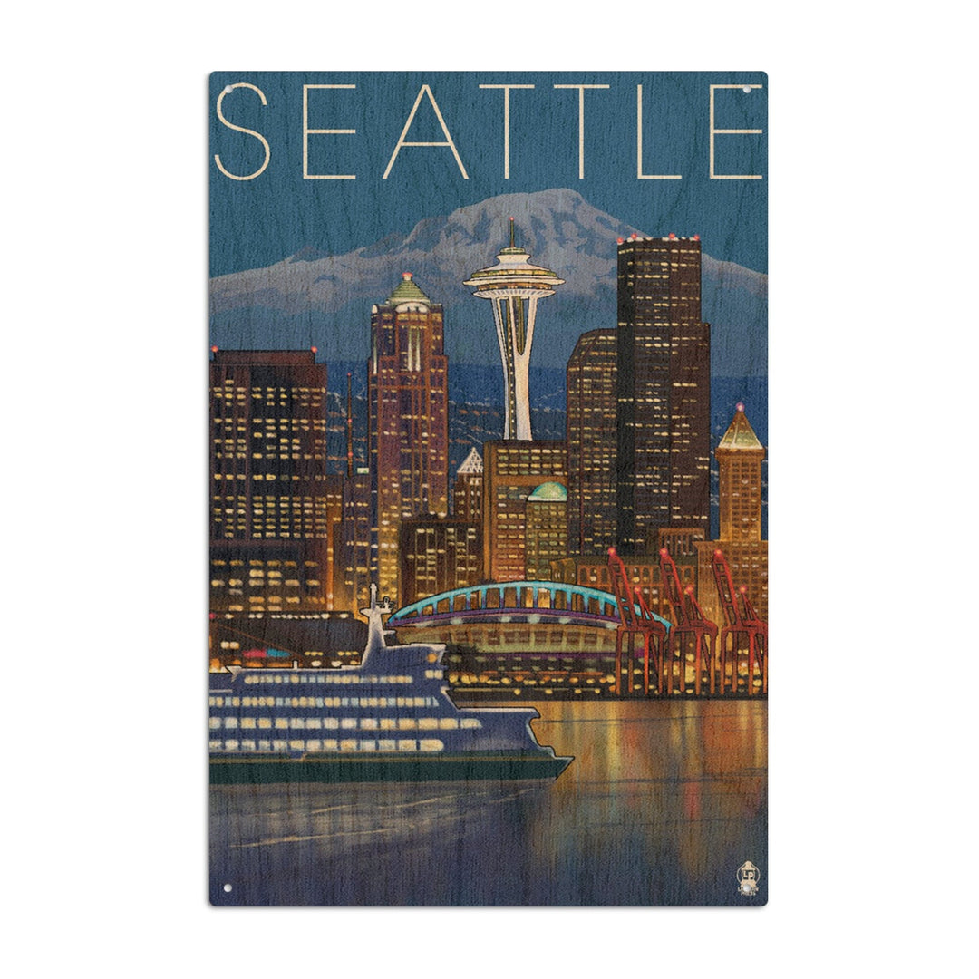 Seattle, Washington, Skyline at Night, Lantern Press Artwork, Wood Signs and Postcards Wood Lantern Press 10 x 15 Wood Sign 