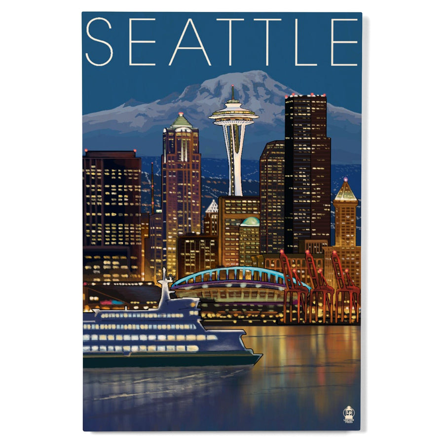 Seattle, Washington, Skyline at Night, Lantern Press Artwork, Wood Signs and Postcards Wood Lantern Press 