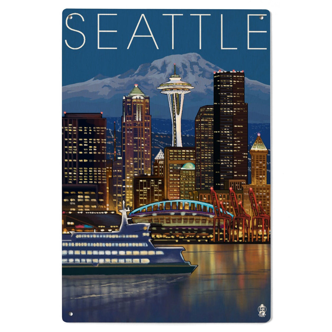 Seattle, Washington, Skyline at Night, Lantern Press Artwork, Wood Signs and Postcards Wood Lantern Press 