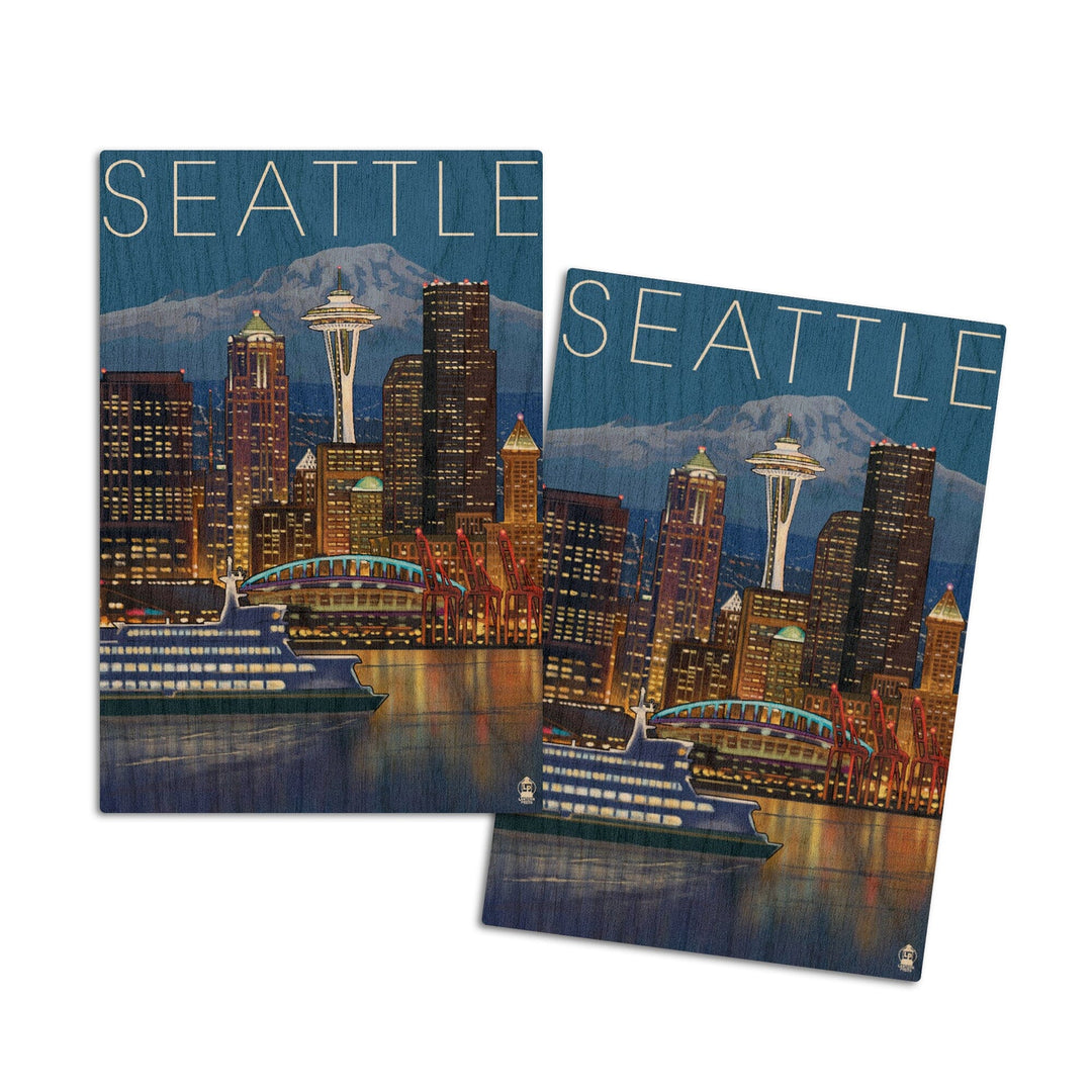 Seattle, Washington, Skyline at Night, Lantern Press Artwork, Wood Signs and Postcards Wood Lantern Press 4x6 Wood Postcard Set 