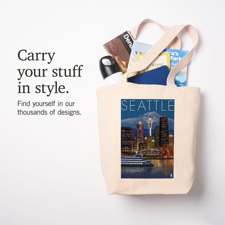 Seattle, Washington, Skyline at Night, Tote Bag Totes Lantern Press 