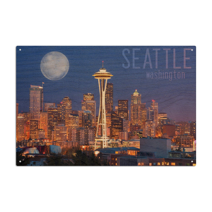 Seattle, Washington, Skyline & Full Moon, Lantern Press Photography, Wood Signs and Postcards Wood Lantern Press 10 x 15 Wood Sign 