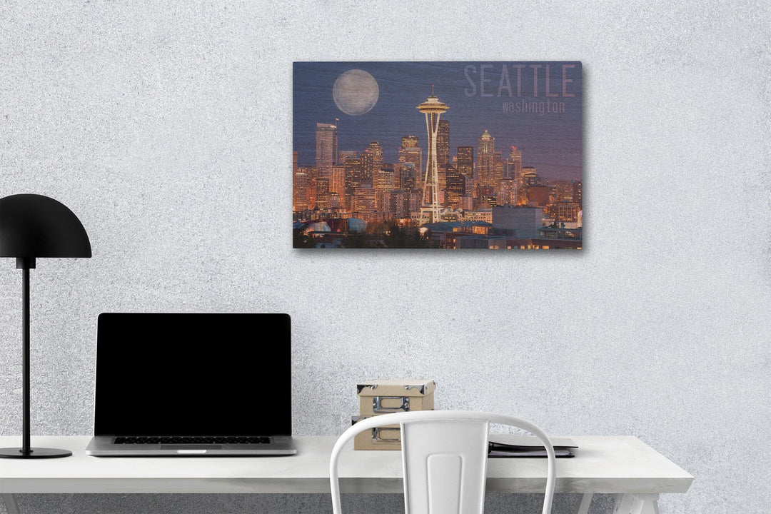 Seattle, Washington, Skyline & Full Moon, Lantern Press Photography, Wood Signs and Postcards Wood Lantern Press 12 x 18 Wood Gallery Print 
