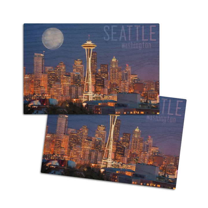 Seattle, Washington, Skyline & Full Moon, Lantern Press Photography, Wood Signs and Postcards Wood Lantern Press 4x6 Wood Postcard Set 