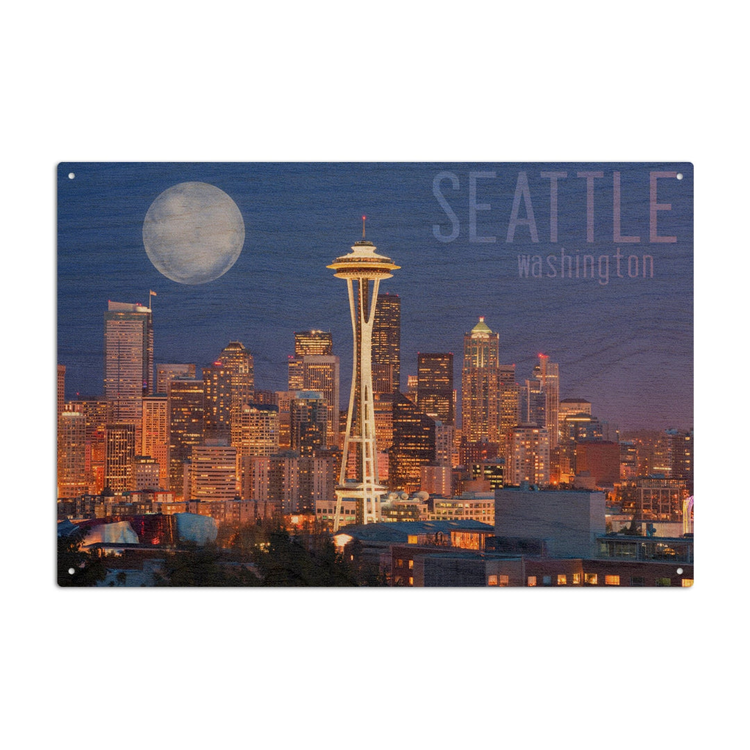 Seattle, Washington, Skyline & Full Moon, Lantern Press Photography, Wood Signs and Postcards Wood Lantern Press 6x9 Wood Sign 
