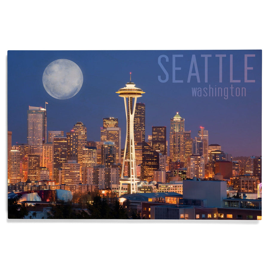 Seattle, Washington, Skyline & Full Moon, Lantern Press Photography, Wood Signs and Postcards Wood Lantern Press 