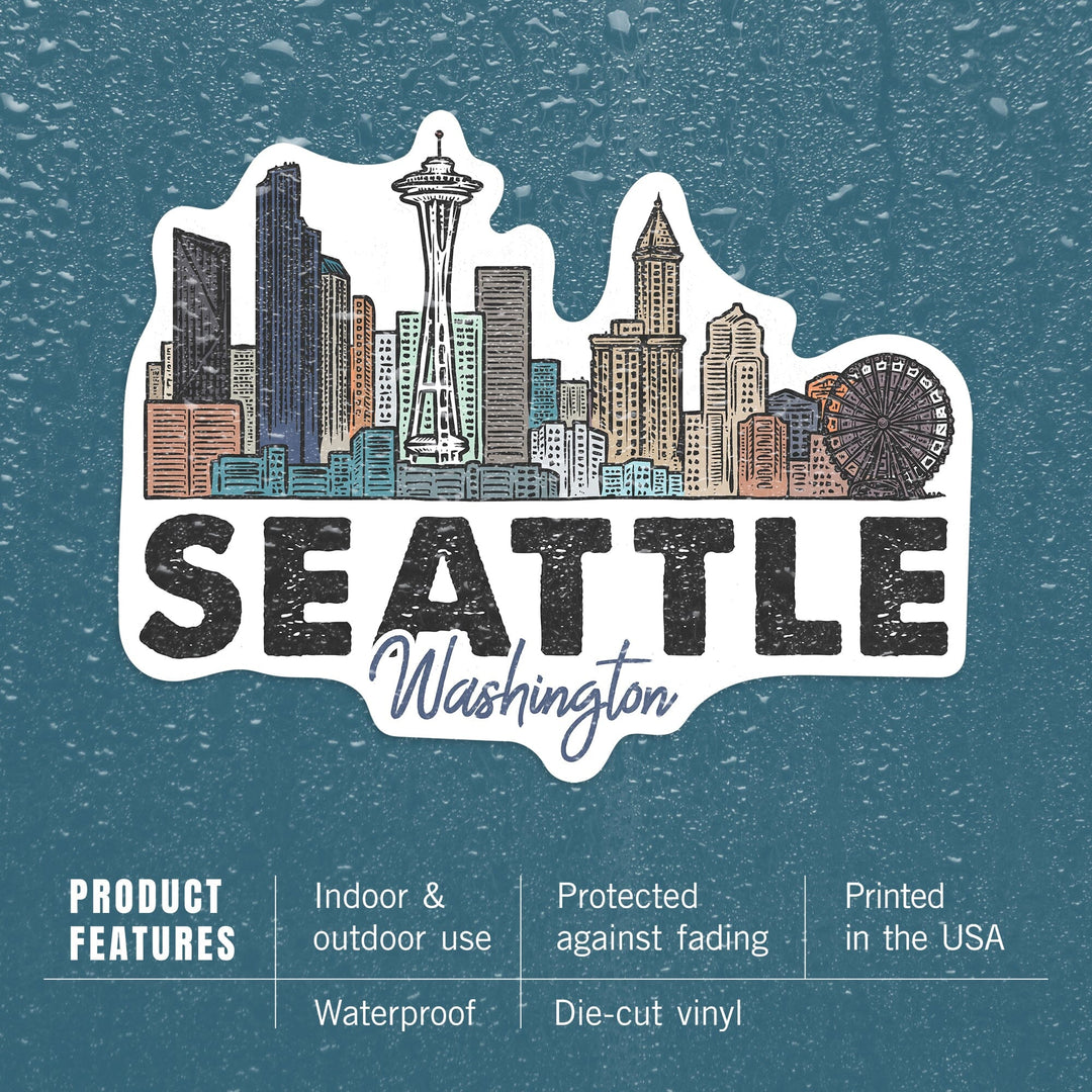 Seattle, Washington, Skyline, Icon, Contour, Lantern Press Artwork, Vinyl Sticker Sticker Lantern Press 