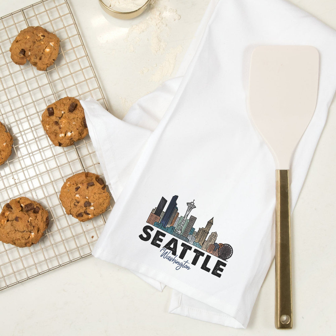 Seattle, Washington, Skyline, Icon, Contour, Organic Cotton Kitchen Tea Towels Kitchen Lantern Press 
