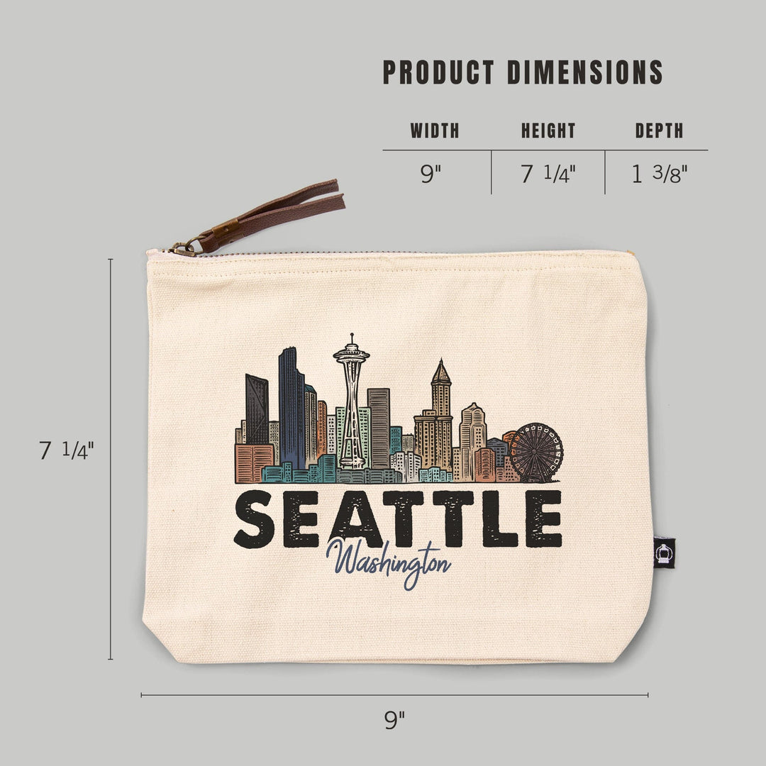 Seattle, Washington, Skyline, Icon,, Organic Cotton Zipper Pouch, Go Bag Go Bag Lantern Press 
